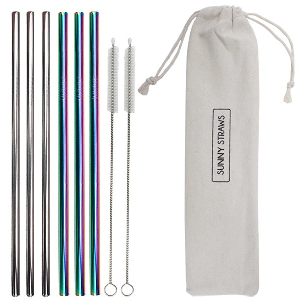 Rainbow Silver Straws Set of 6 with Cleaning Brushes